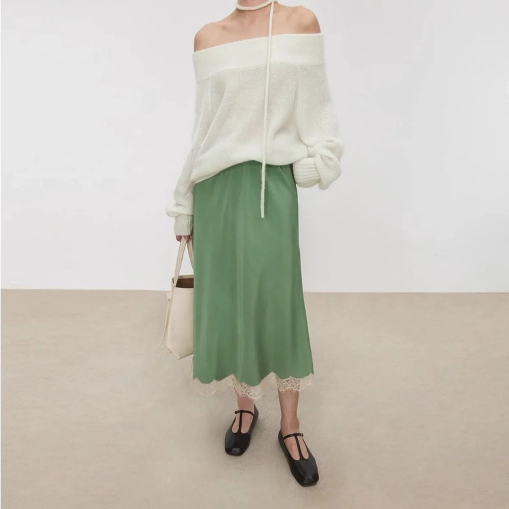 CHICJOC 100% Silk Bias-Cut Green Midi Skirt w/ Lace Hem size 38